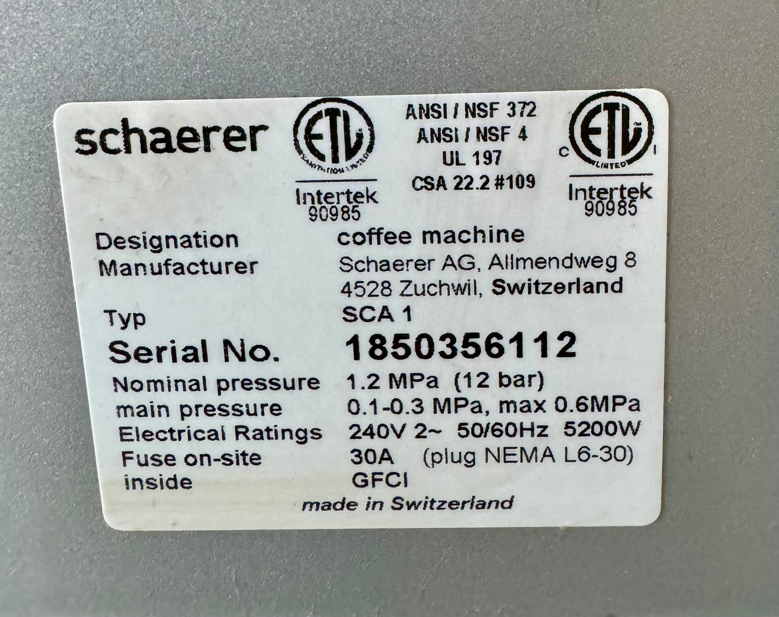 Schaerer Coffee Art Plus Touch Super Automatic Espresso Machine 2018 MFG