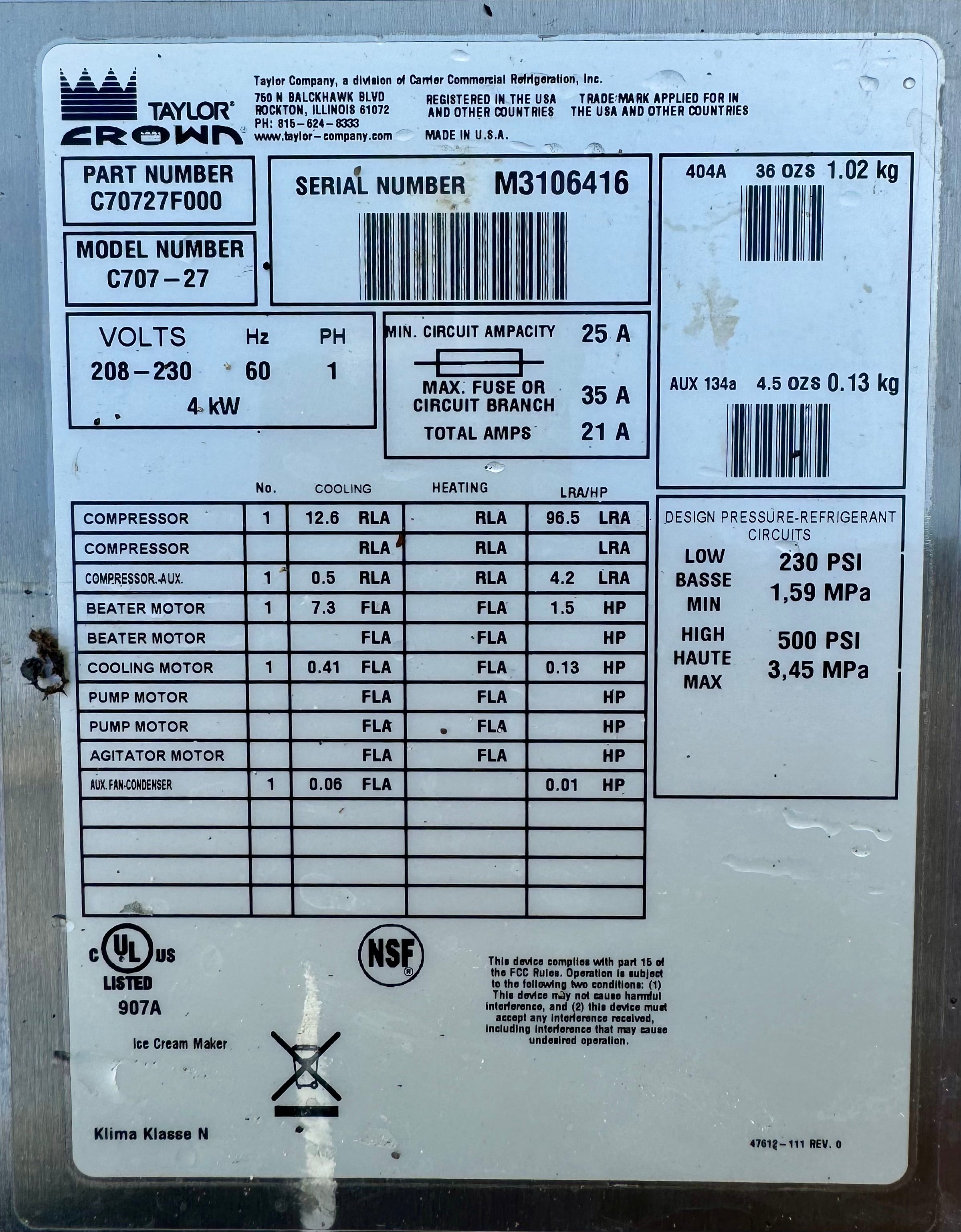 Taylor C707-27 single phase softserve machine